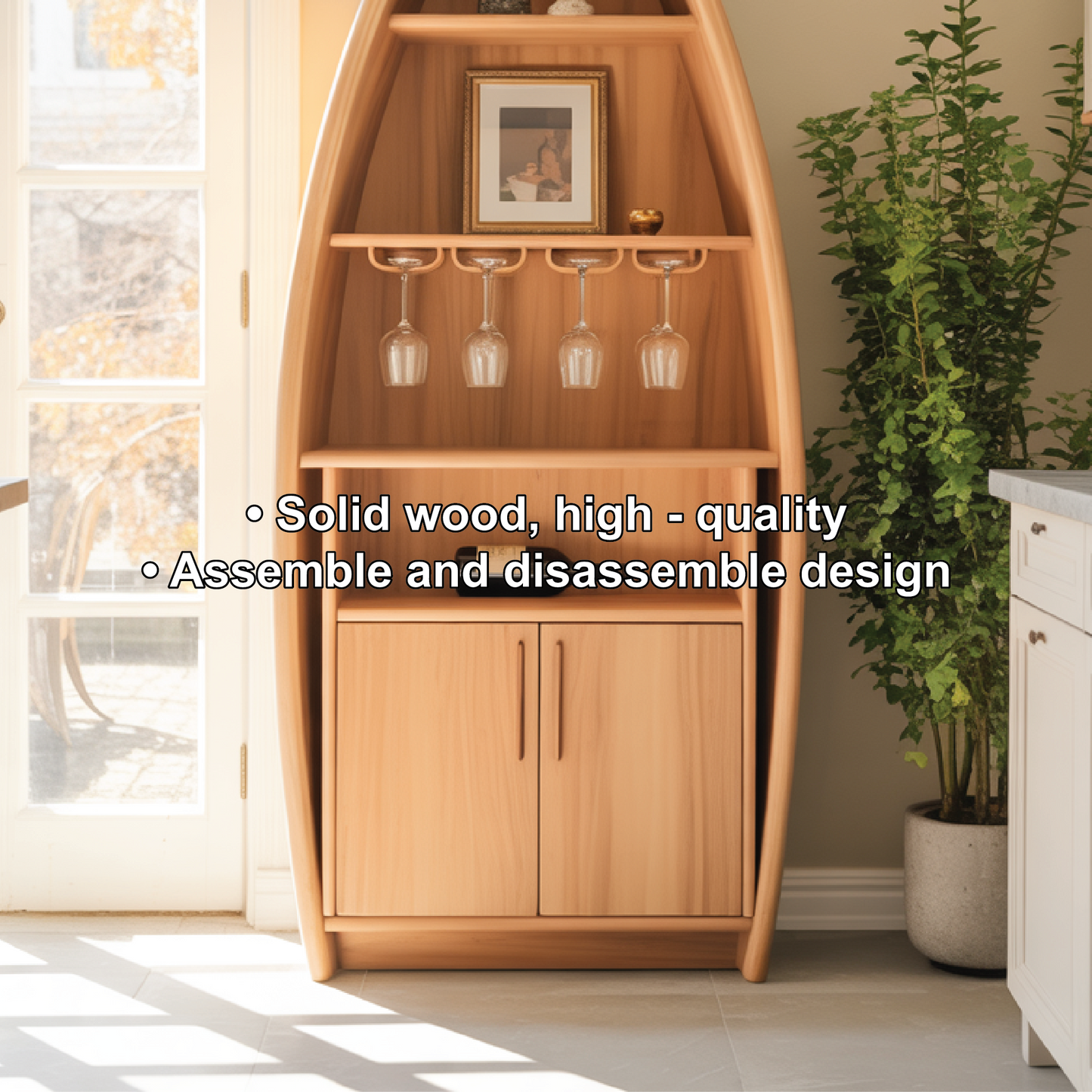 Handcrafted Solid Wood Boat-Shaped Dining Cabinet with Glass Rack and Lower Storage Doors Kitchnce
