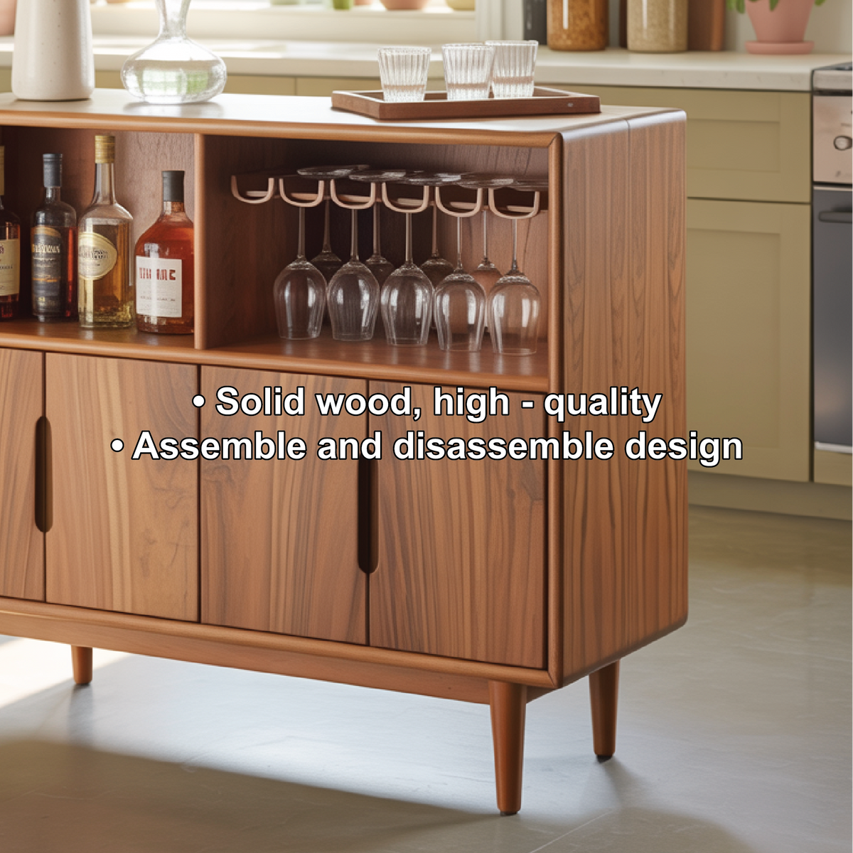 Handcrafted Solid Wood Dining Cabinet with Wine Storage and Hanging Glass Rack Kitchnce