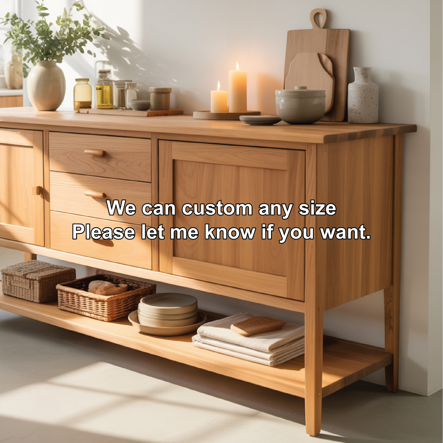 Handcrafted Solid Wood Dining Storage Sideboard with Cabinets, Drawers, and Open Bottom Shelf Kitchnce