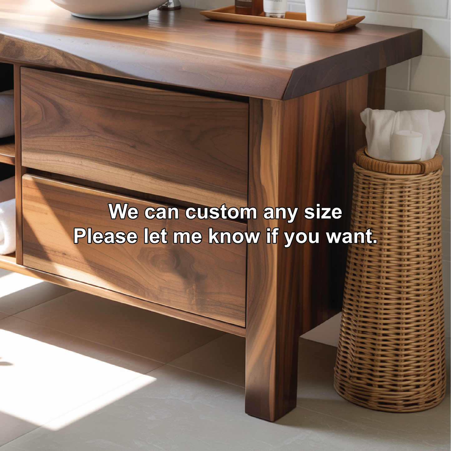 Handcrafted Solid Wood Bathroom Vanity with Live-Edge Countertop and Modern Open Shelf Storage Kitchnce