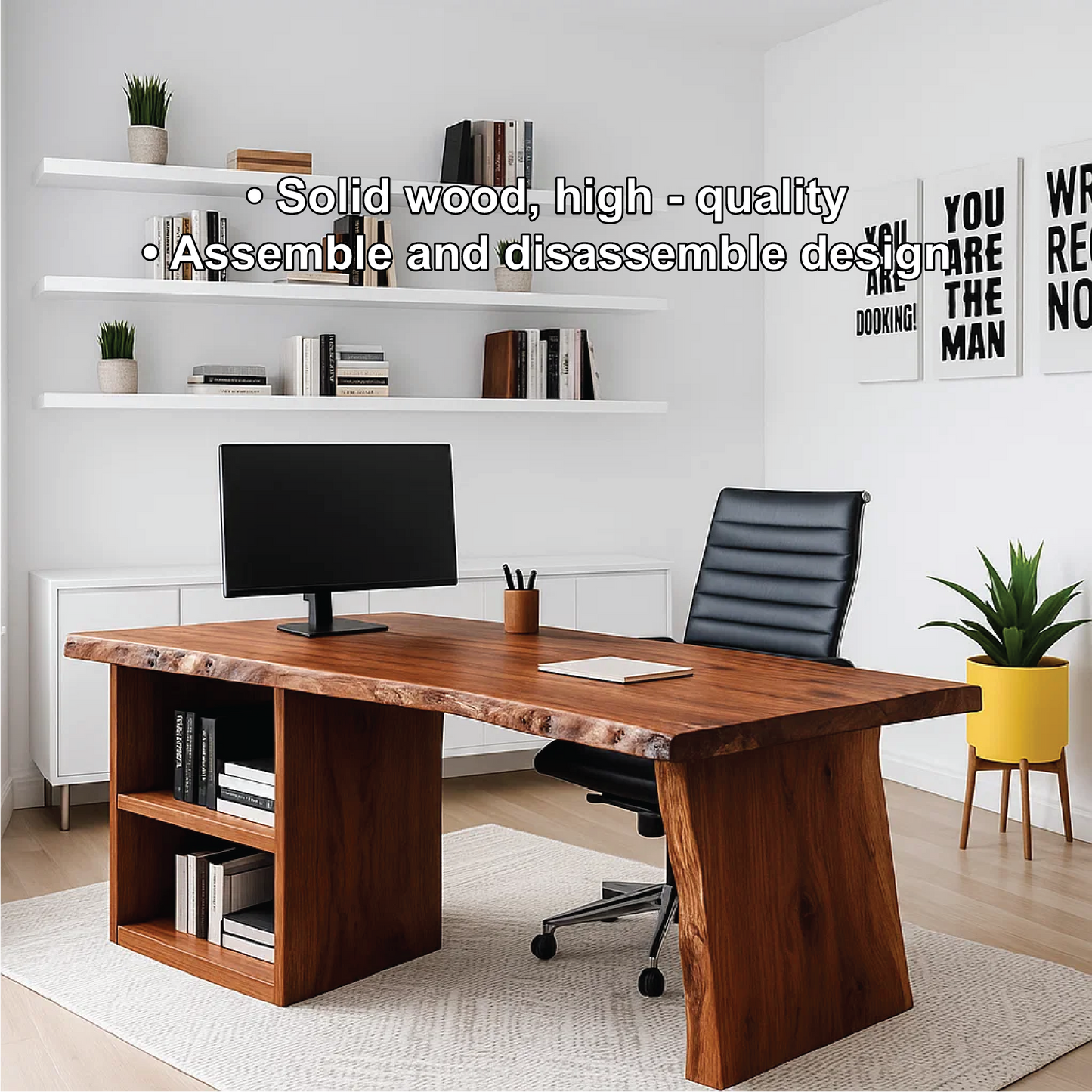 Live Edge Office Desk Modern Executive Writing Desk With Storage Shelf Large Workspace