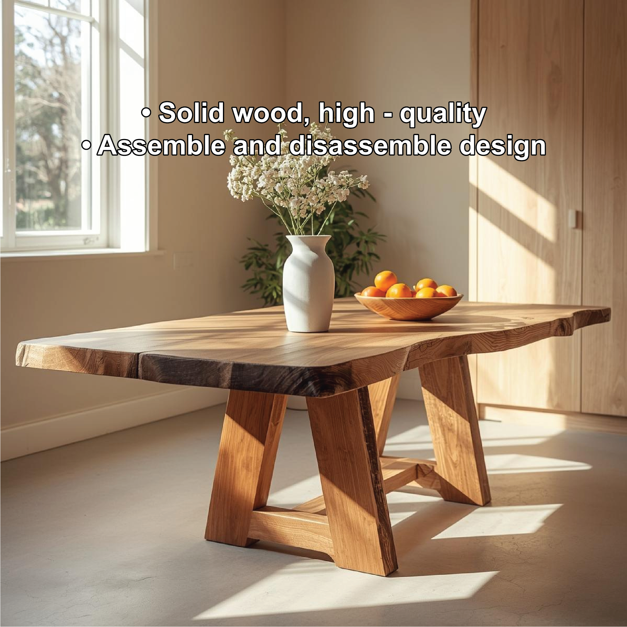 Handcrafted Live Edge Solid Wood Dining Table – Natural Slab Kitchen Table with Modern Base
