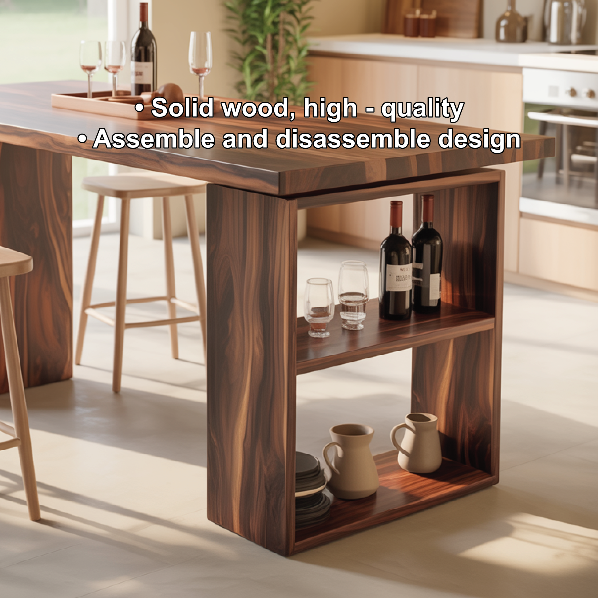Modern Dining Table with Built-In Storage Shelf and Bar Seating, Contemporary Kitchen Island Table