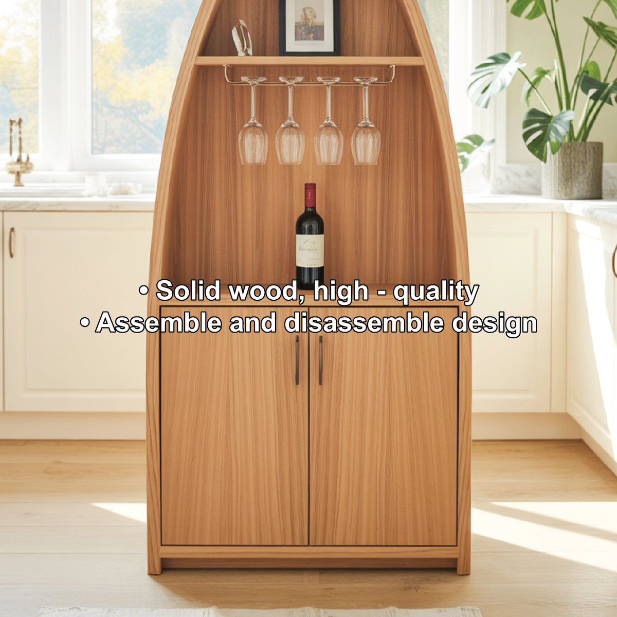 Handcrafted Solid Wood Dining Cabinet with Boat-Shaped Design, Glass Holder and Lower Storage Kitchnce