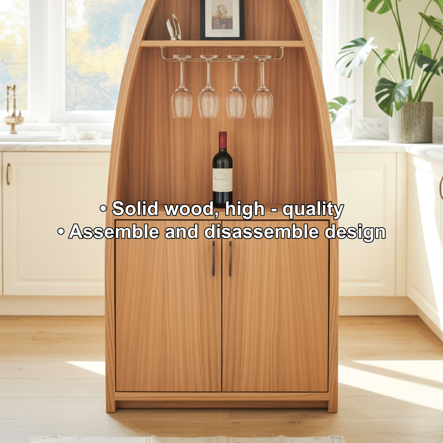 Handcrafted Solid Wood Dining Cabinet with Boat-Shaped Design, Glass Holder and Lower Storage Kitchnce