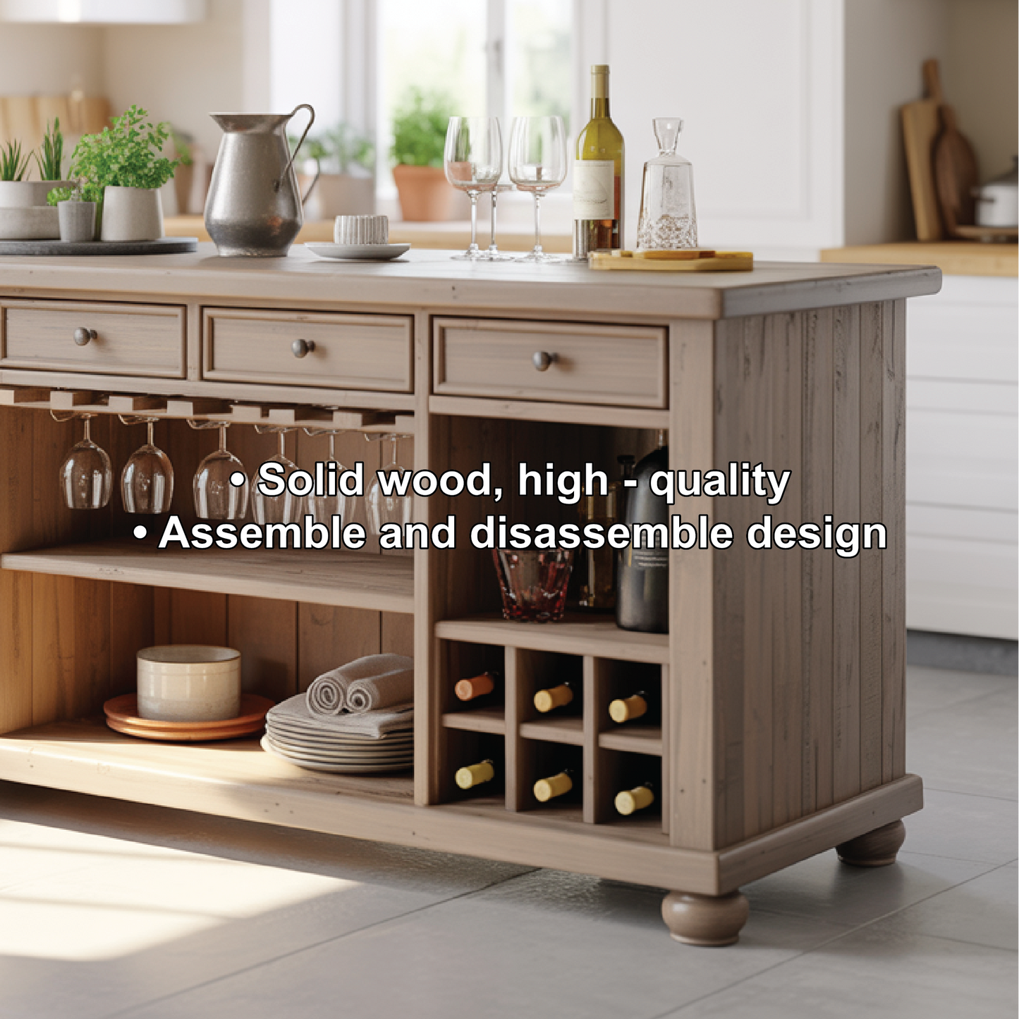 Handcrafted Solid Wood Kitchen Island with Wine Storage, Drawers, and Open Shelving Kitchnce