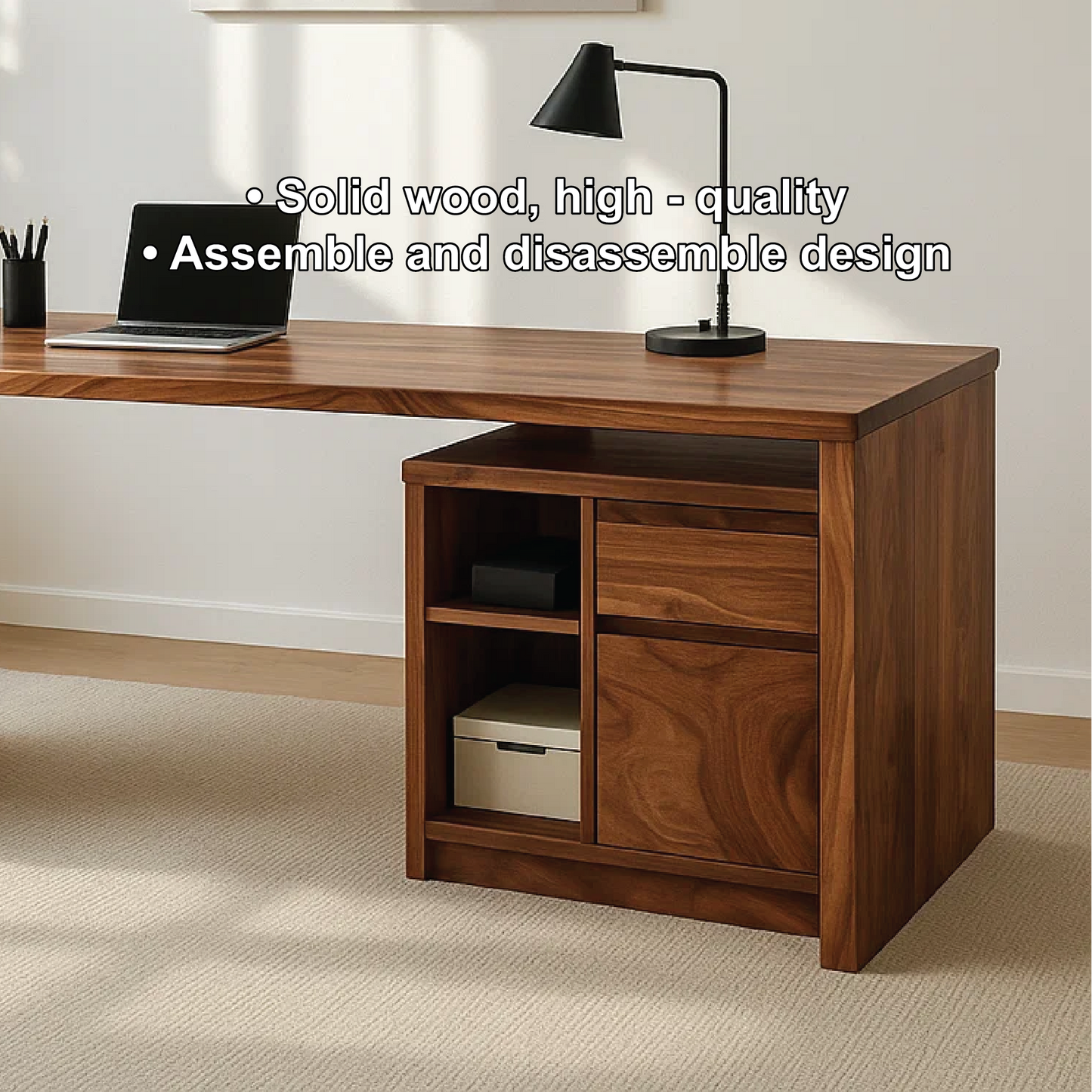 Handcrafted Solid Wood Work Desk – Modern Minimalist Office Table with Storage Shelves & Drawer Kitchnce