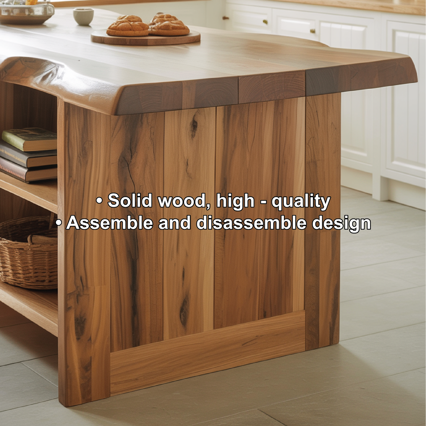 Handcrafted Solid Wood Kitchen Island with Live-Edge Top and Open Storage Shelves Kitchnce