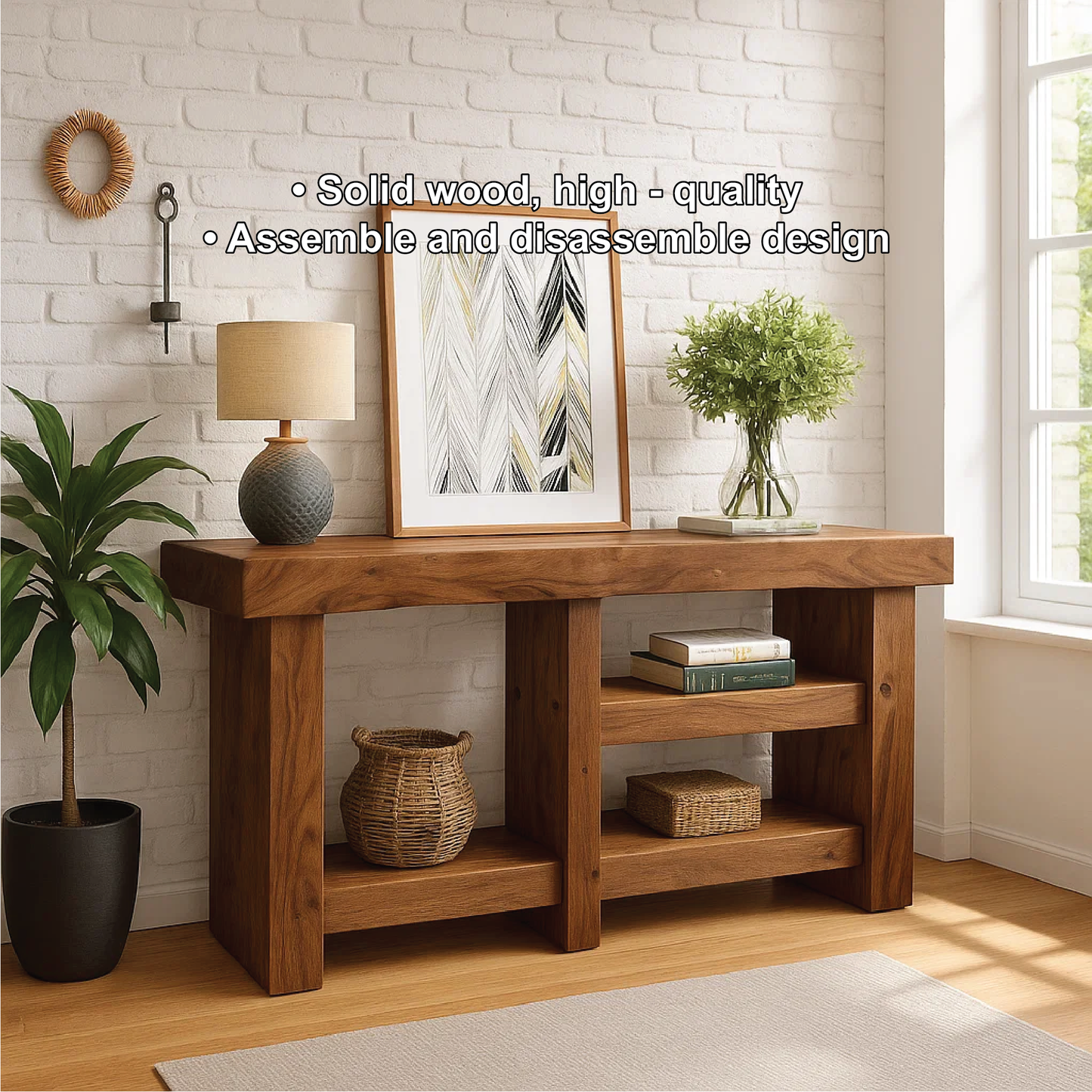 Handcrafted Solid Wood Console Table with Modern Rustic Design for Entryway or Living Room Kitchnce