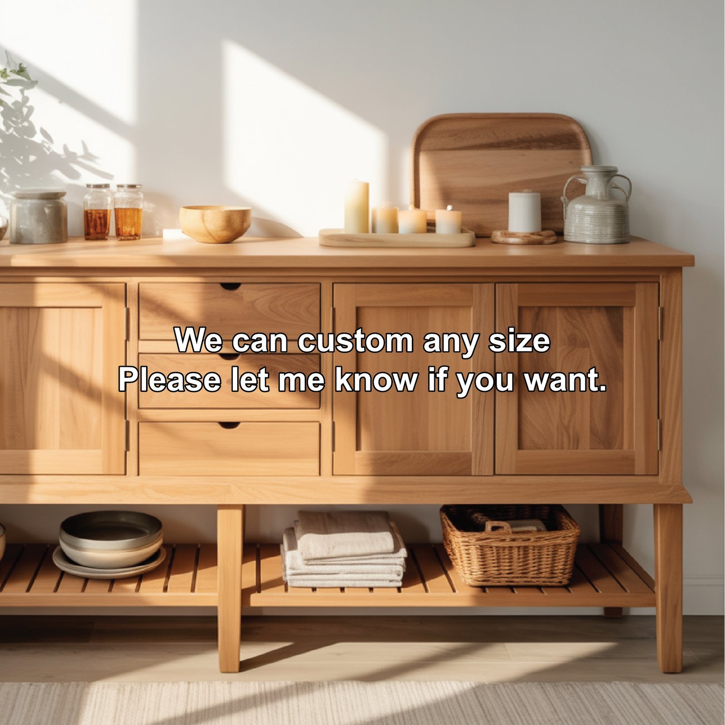 Handcrafted Solid Wood Dining Storage Sideboard with Open Lower Shelf and Multi-Drawer Design Kitchnce