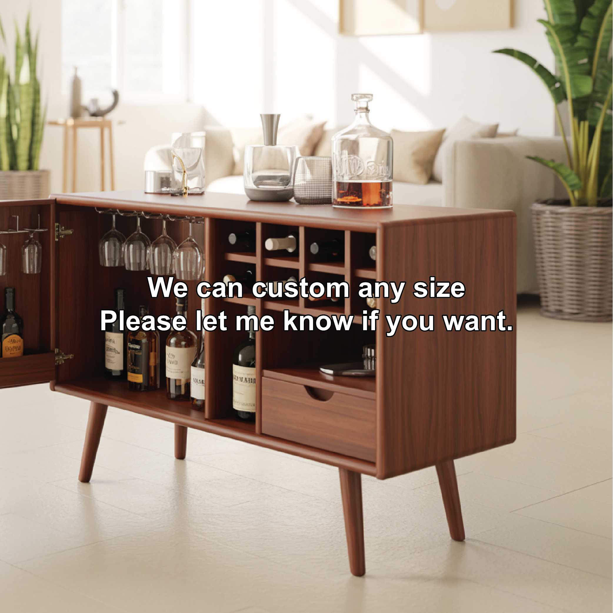 Solid Wood Wine Storage Cabinet with Glass Holders, Bottle Racks and Modern Mid-Century Design