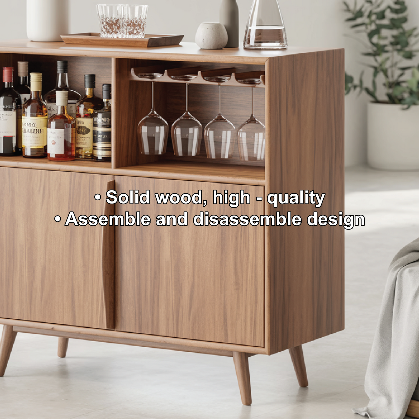 Handcrafted Solid Wood Dining Cabinet with Wine Storage and Glass Holder Shelves Kitchnce
