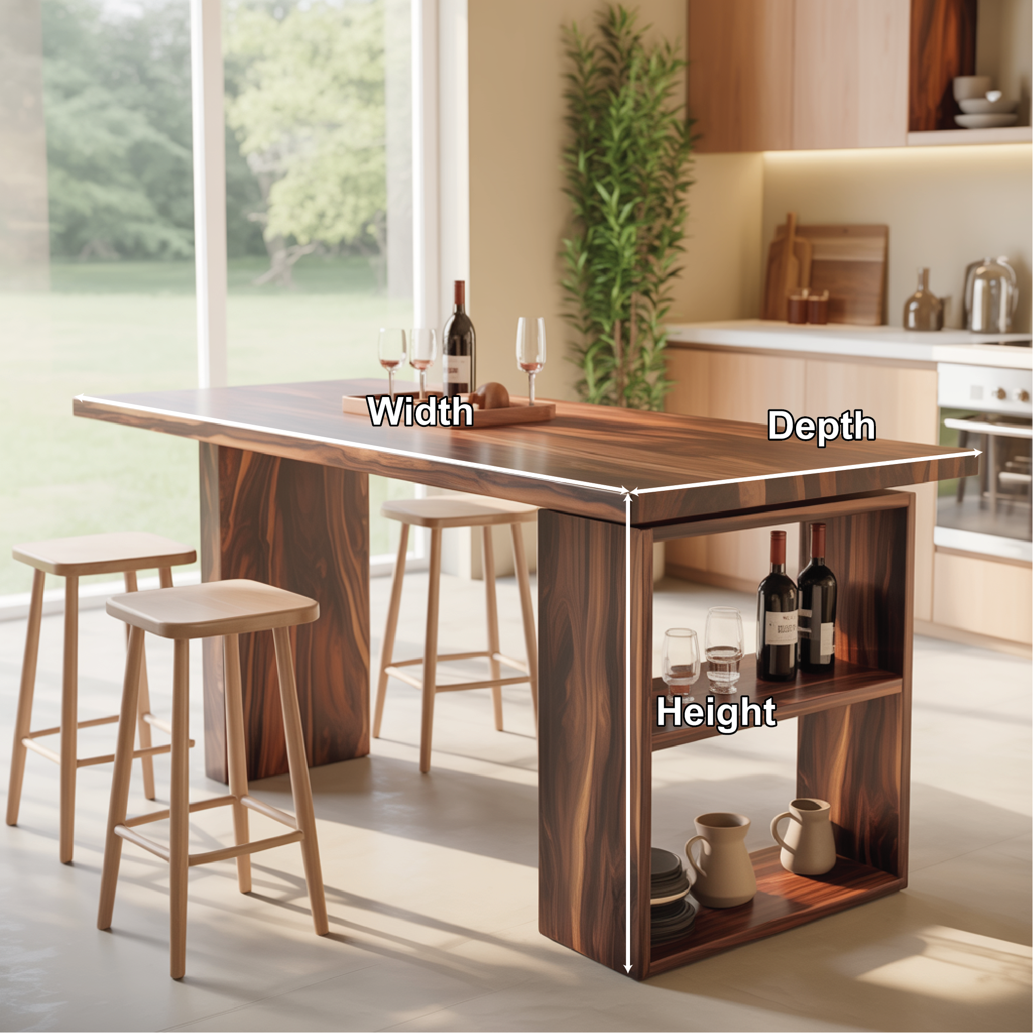 Modern Dining Table with Built-In Storage Shelf and Bar Seating, Contemporary Kitchen Island Table