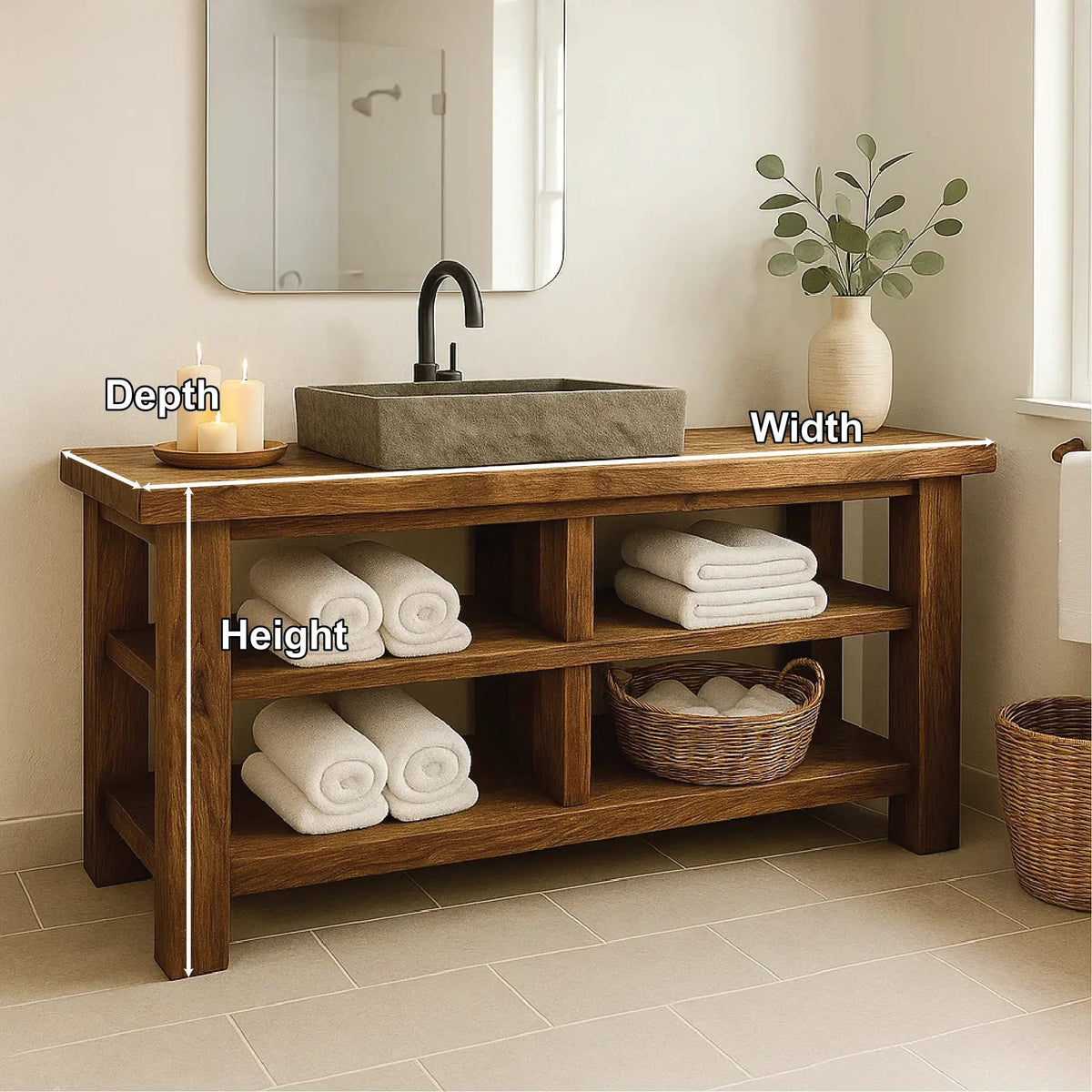 Handcrafted Solid Wood Bathroom Vanity with Open Shelving for Natural and Minimalist Interiors Kitchnce