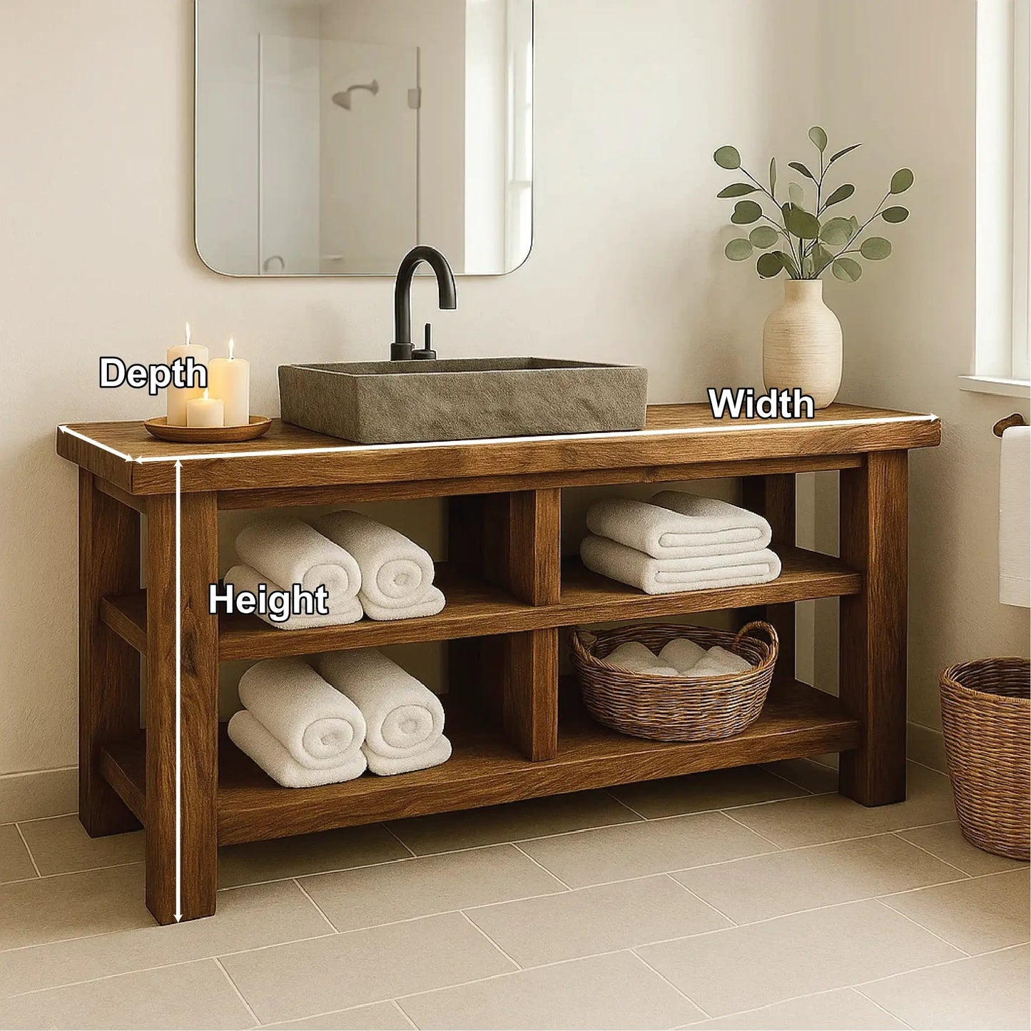 Handcrafted Solid Wood Bathroom Vanity with Open Shelving for Natural and Minimalist Interiors Kitchnce