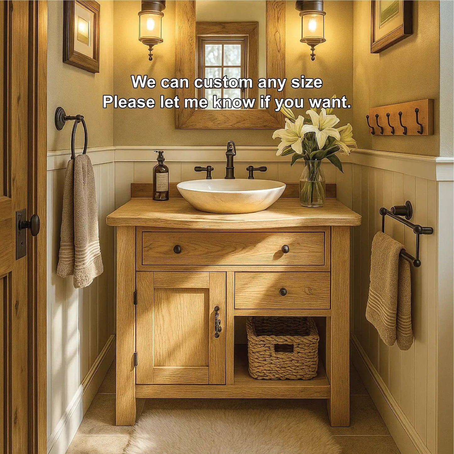 Handcrafted Solid Wood Bathroom Vanity with Drawer and Cabinet Storage in Natural Wood Finish Kitchnce