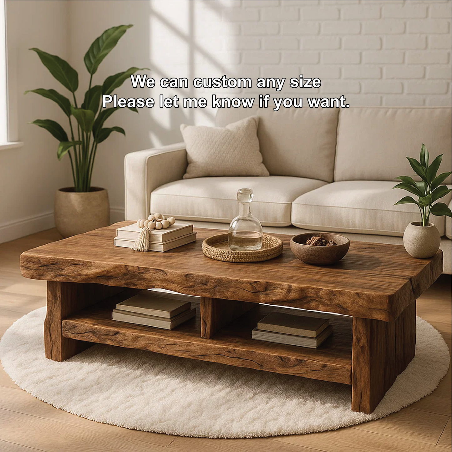 Handcrafted Solid Wood Coffee Table with Live Edge Design and Double Shelf for Storage Kitchnce