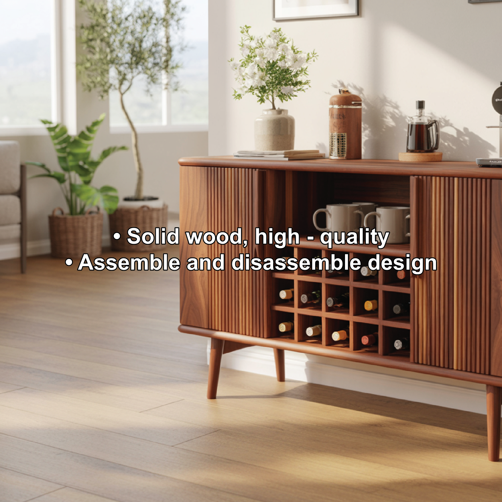 Solid Wood Wine Storage Cabinet with Slatted Doors and Multi-Bottle Rack for Modern Homes