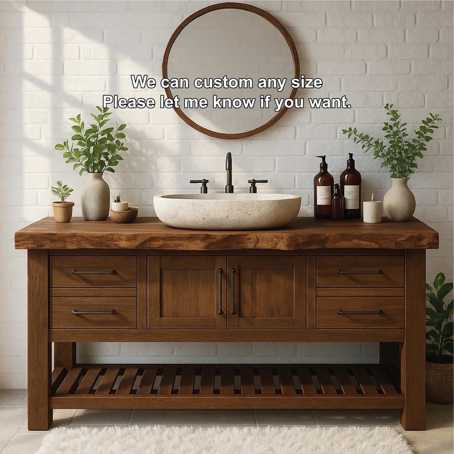 Rustic Solid Wood Bathroom Vanity with Live Edge Top and Modern Farmhouse Storage Design Kitchnce