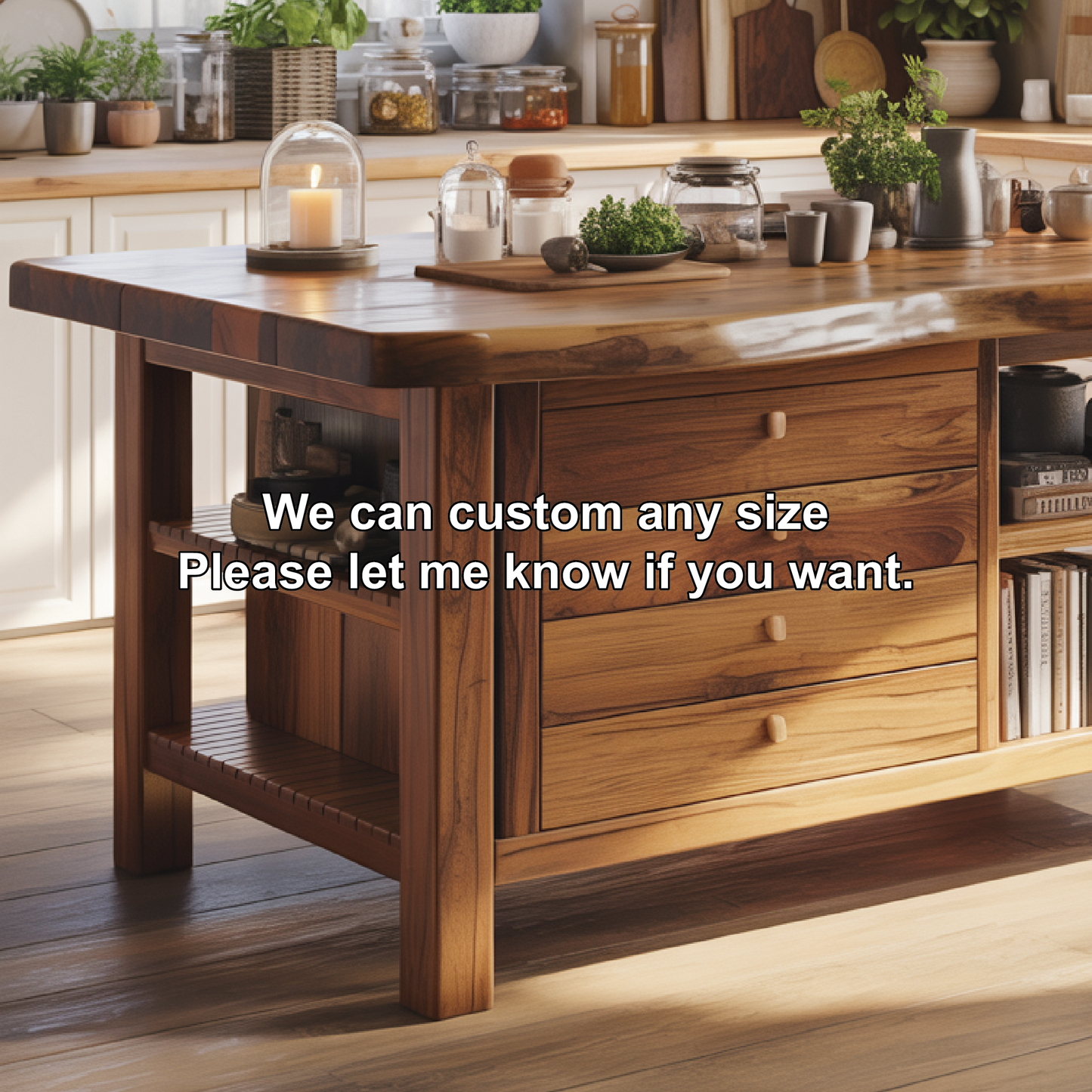 Handcrafted Solid Wood Kitchen Island with Drawers, Open Shelves, and Natural Live-Edge Top Kitchnce