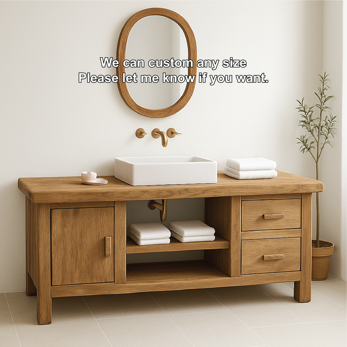 Handcrafted Solid Wood Bathroom Vanity with Drawers and Cabinet in Minimalist Natural Finish Kitchnce