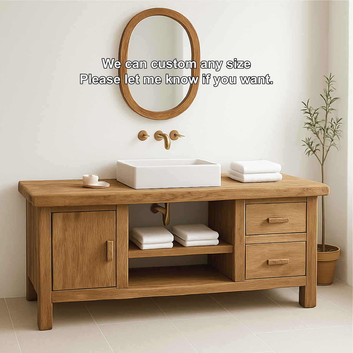 Handcrafted Solid Wood Bathroom Vanity with Drawers and Cabinet in Minimalist Natural Finish Kitchnce