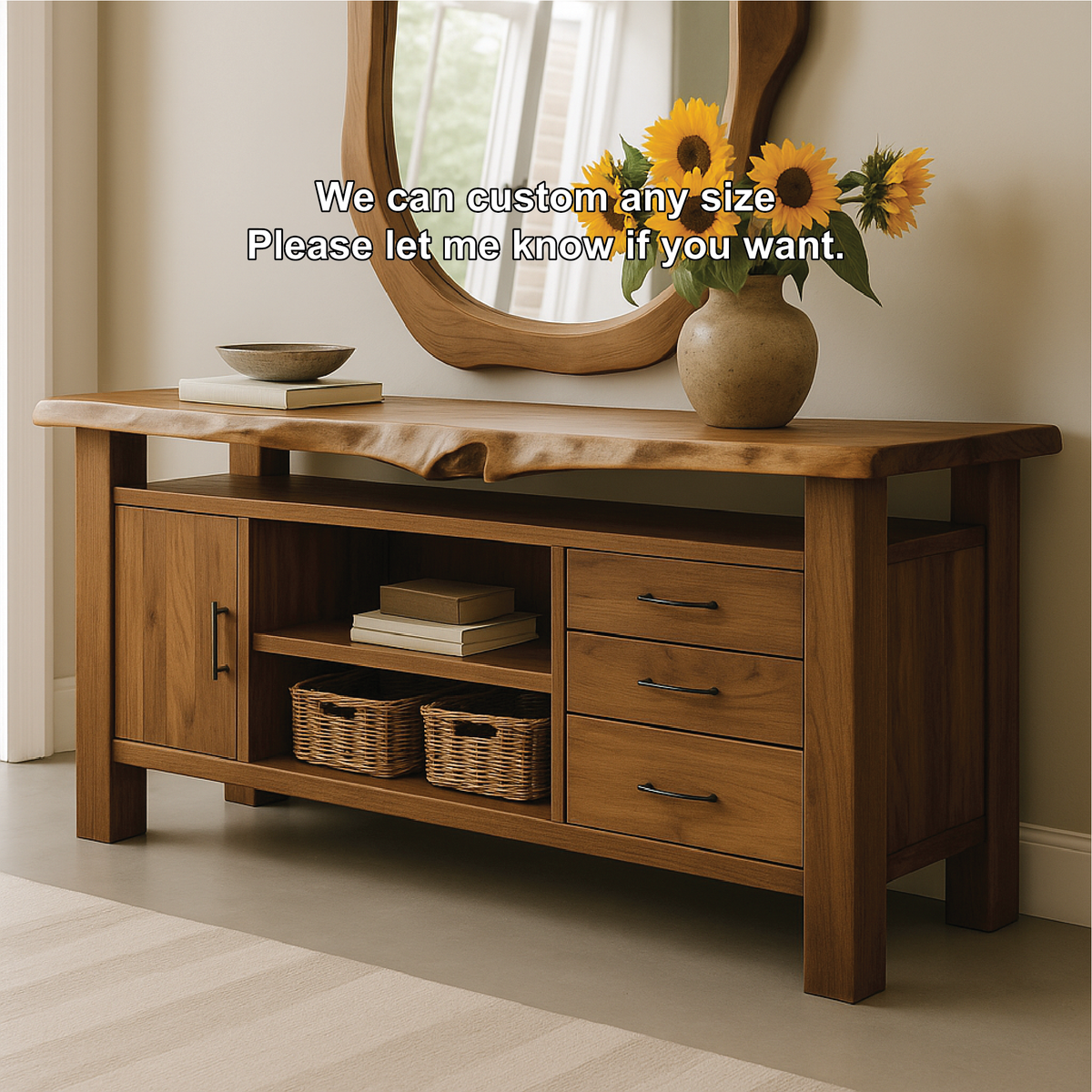 Handcrafted Solid Wood Console Table with Live Edge Top and Storage Drawers for Modern Interiors