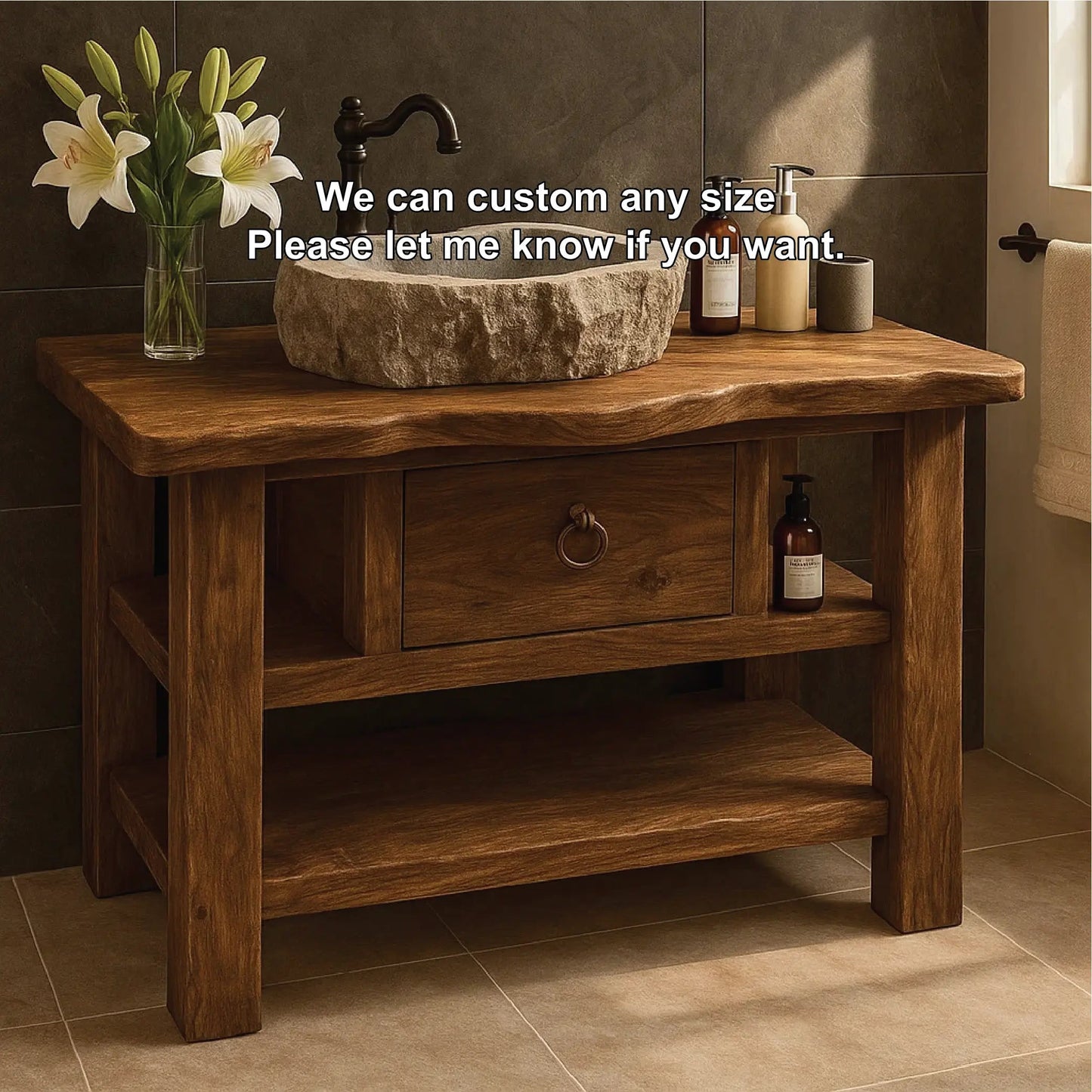 Handcrafted Solid Wood Bathroom Vanity with Drawer and Shelves for Rustic Natural Interior Design Kitchnce