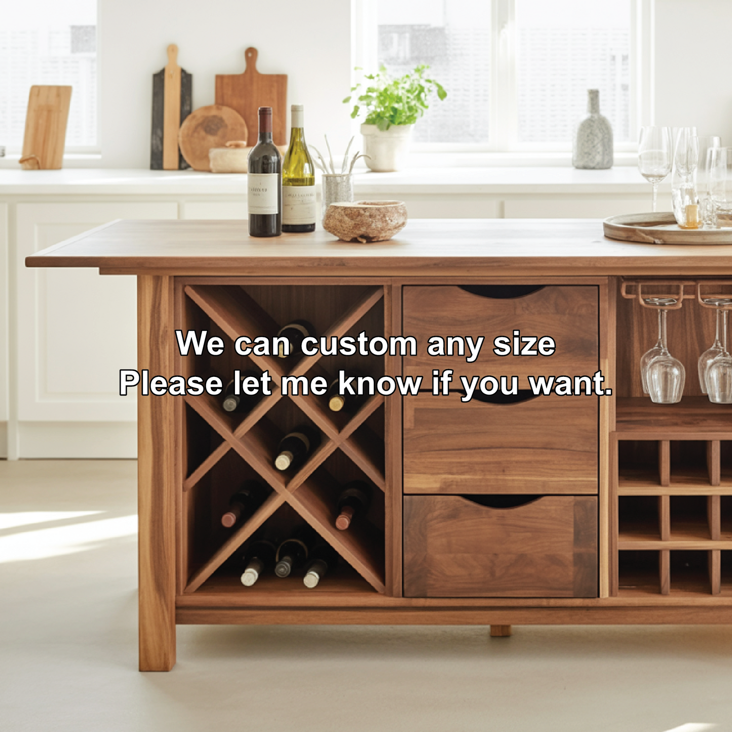 Handcrafted Solid Wood Dining Cabinet with Wine Storage, Drawers, and Hanging Glass Rack Kitchnce