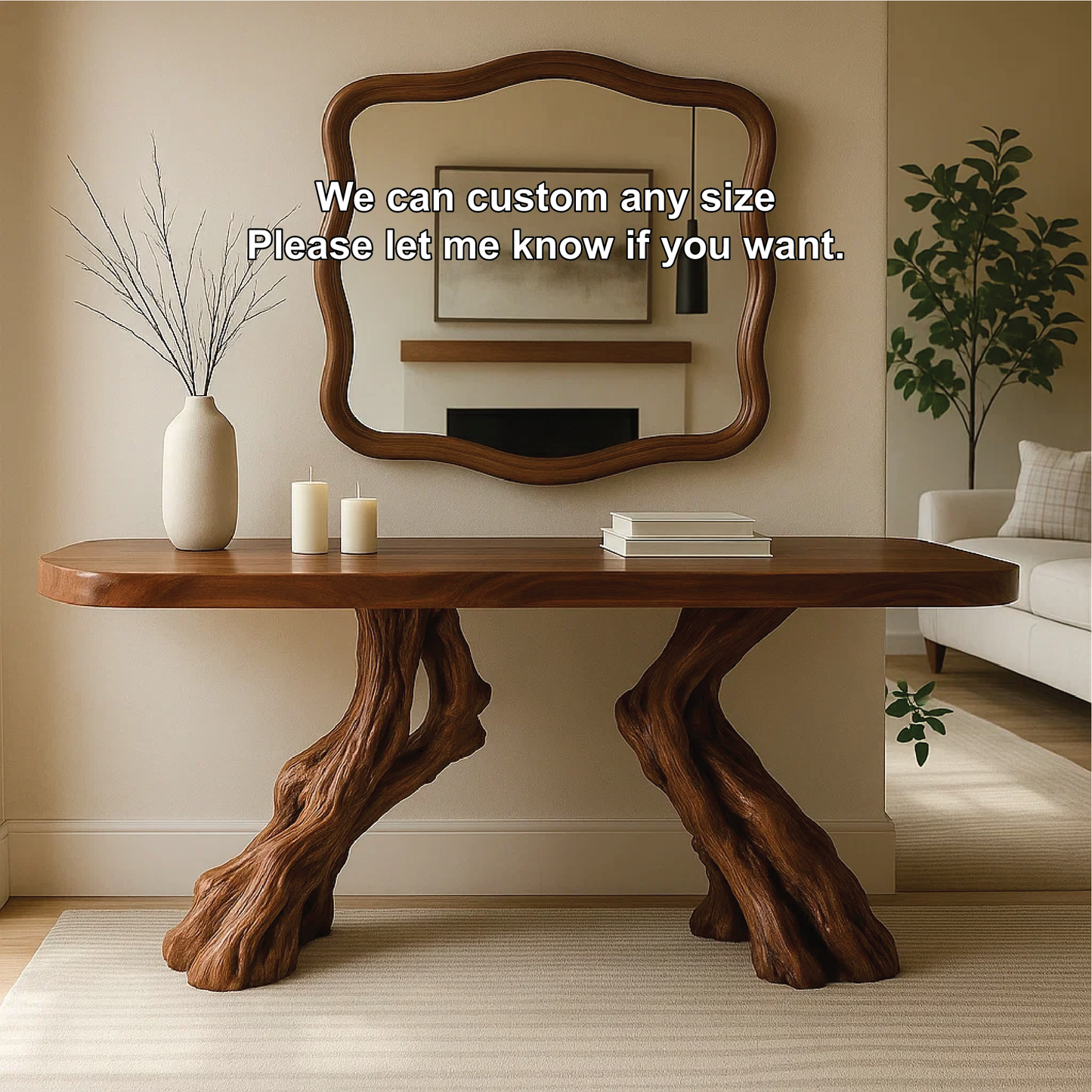 Handcrafted Solid Wood Console Table with Twin Root Base and Smooth Natural Finish Design Kitchnce
