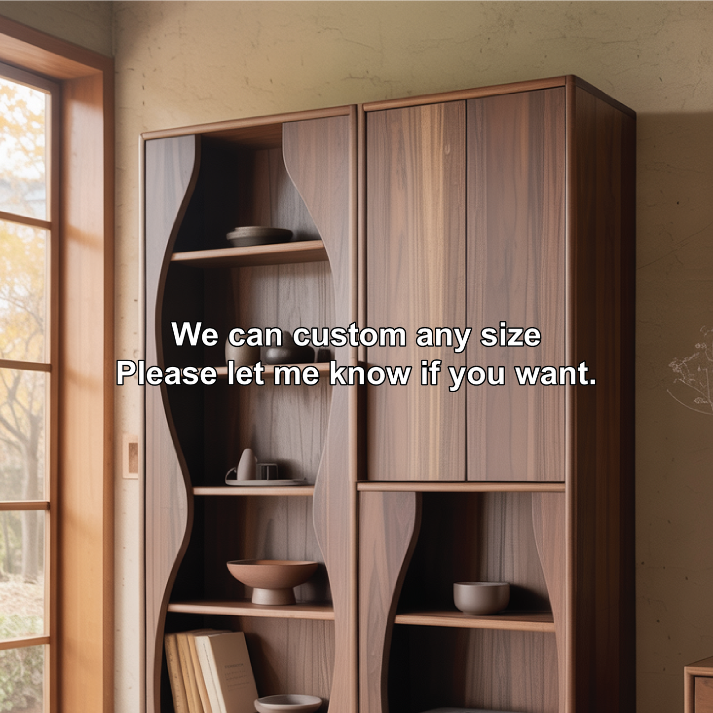 Handcrafted Solid Wood Dining Cabinet with Sculpted Curved Panels and Open Display Shelves Kitchnce