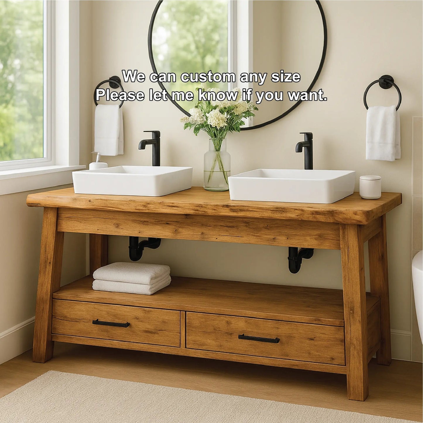 Handcrafted Double Solid Wood Bathroom Vanity with Drawers and Natural Finish for Modern Spaces Kitchnce
