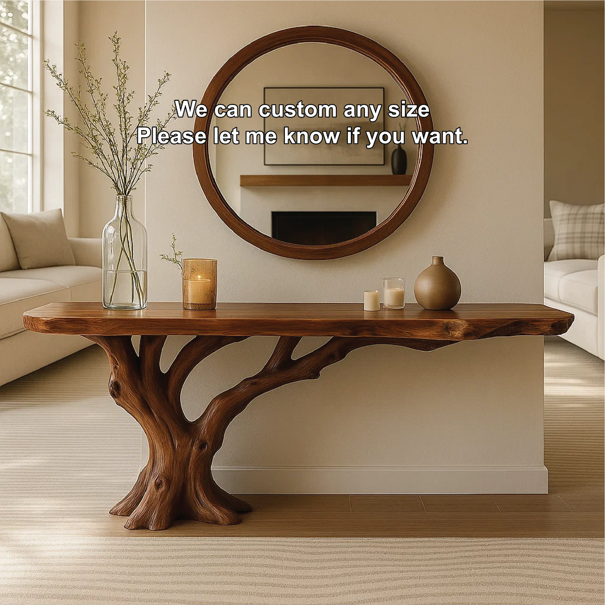 Handcrafted Solid Wood Console Table with Tree Trunk Base and Natural Live Edge Design Kitchnce