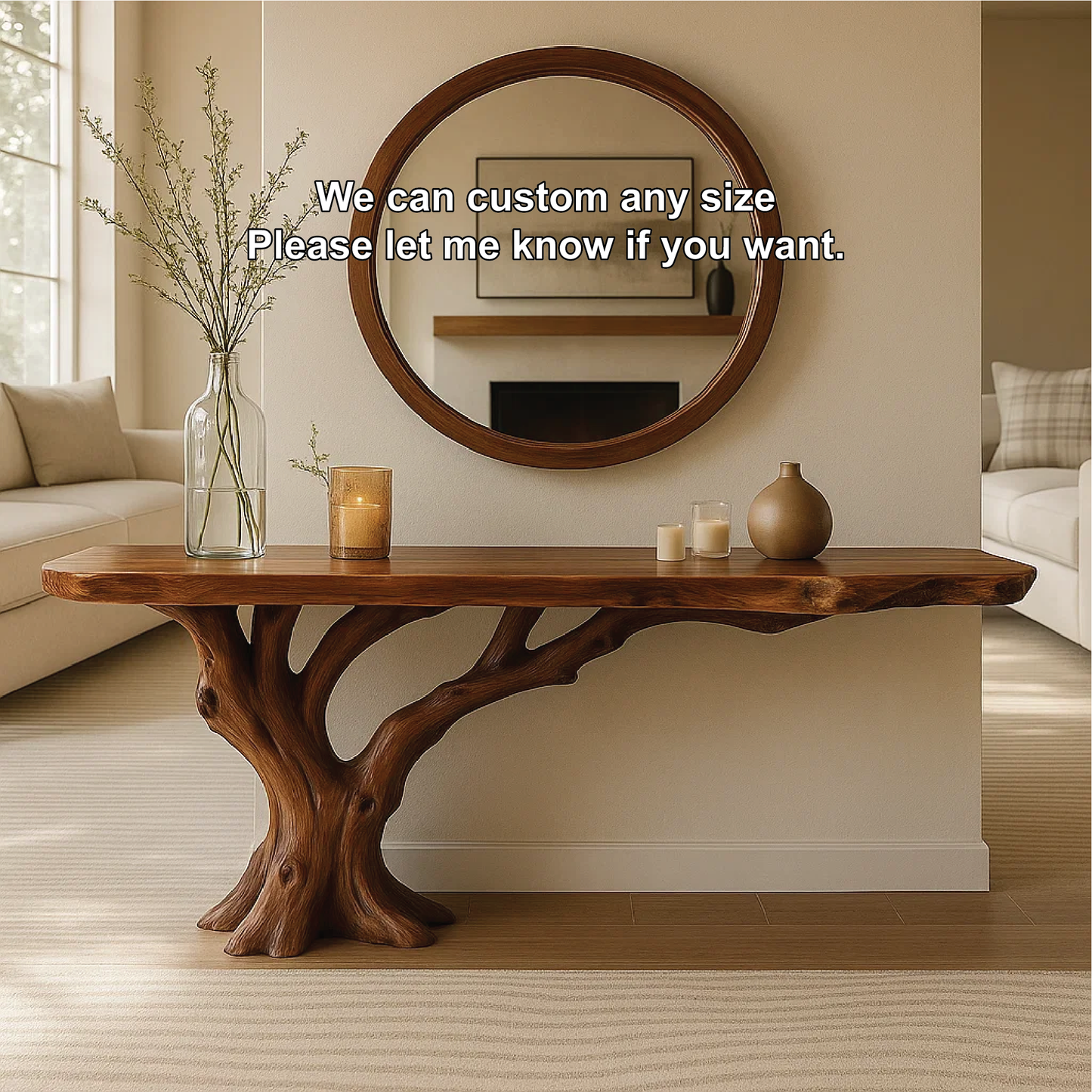 Handcrafted Solid Wood Console Table with Tree Trunk Base and Natural Live Edge Design Kitchnce