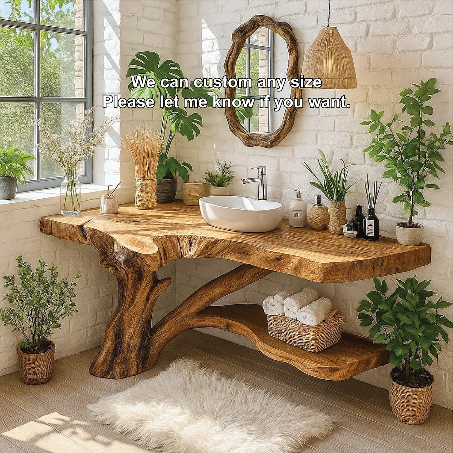 Handcrafted Solid Wood Bathroom Vanity with Natural Tree Trunk Base and Live Edge Design Kitchnce