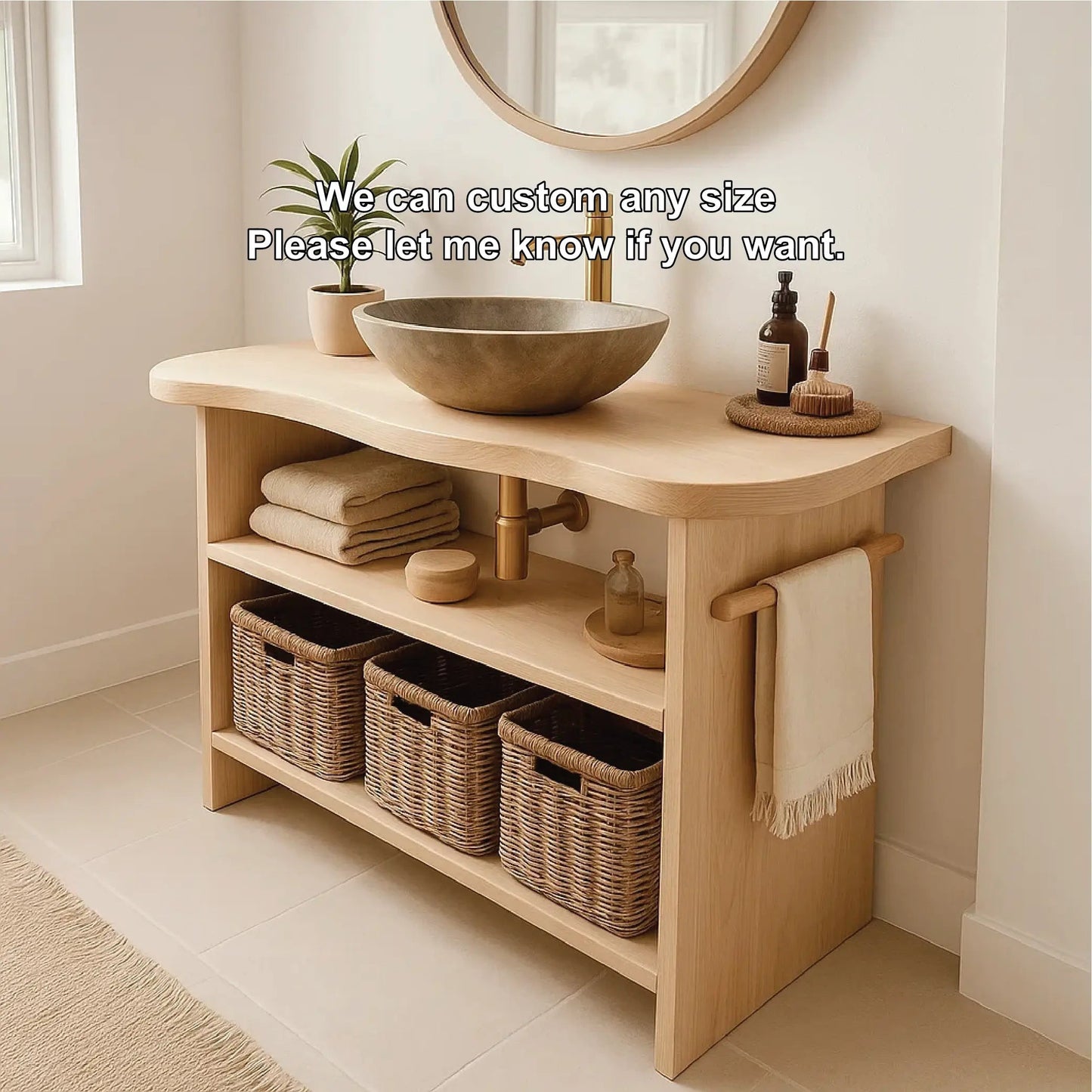 Handcrafted Solid Wood Bathroom Vanity with Curved Edge Design and Open Shelves for Modern Spaces Kitchnce