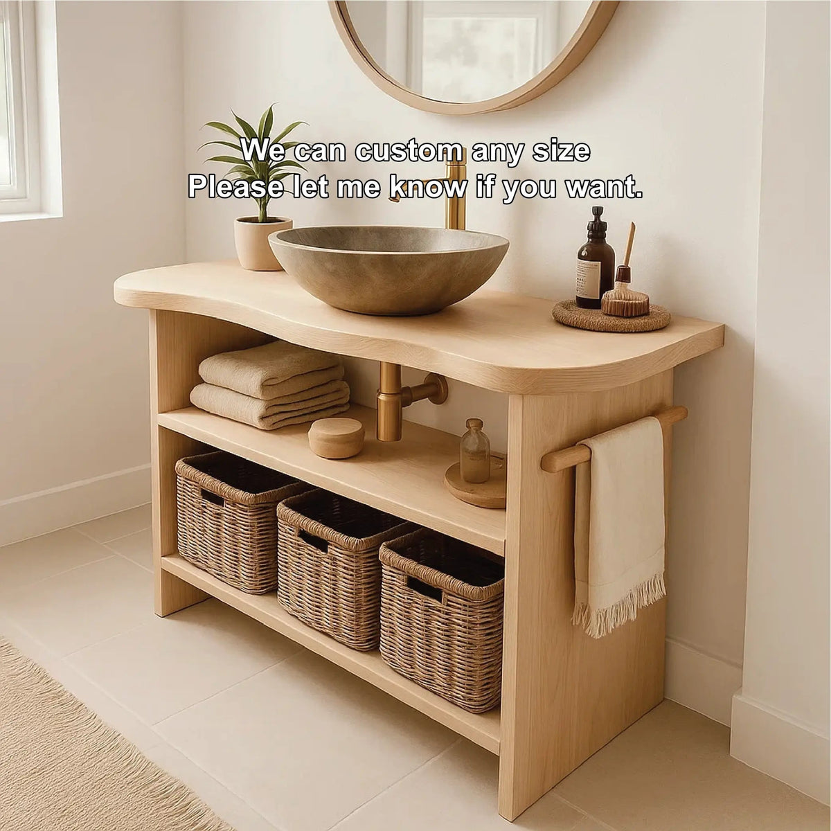 Handcrafted Solid Wood Bathroom Vanity with Curved Edge Design and Open Shelves for Modern Spaces Kitchnce