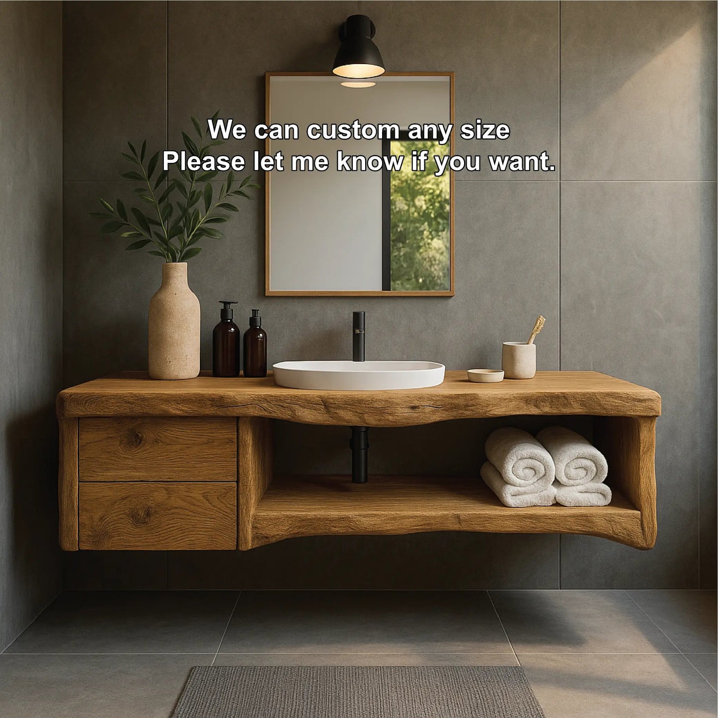 Handcrafted Solid Wood Floating Vanity with Natural Live Edge Design and Modern Minimalist Style Kitchnce
