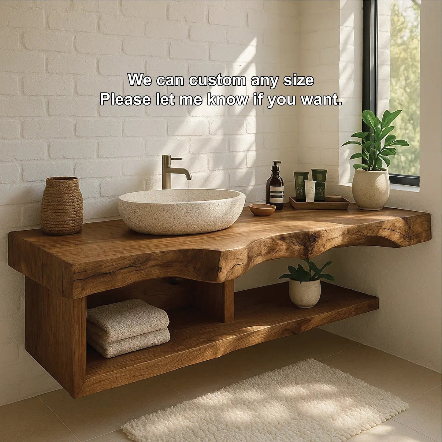 Handcrafted Solid Wood Floating Vanity with Natural Live Edge and Open Shelf Design Kitchnce