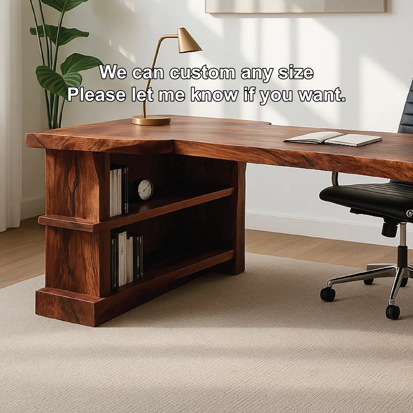 Handcrafted Solid Wood Executive Work Desk with Live-Edge Design and Built-In Open Shelving Kitchnce