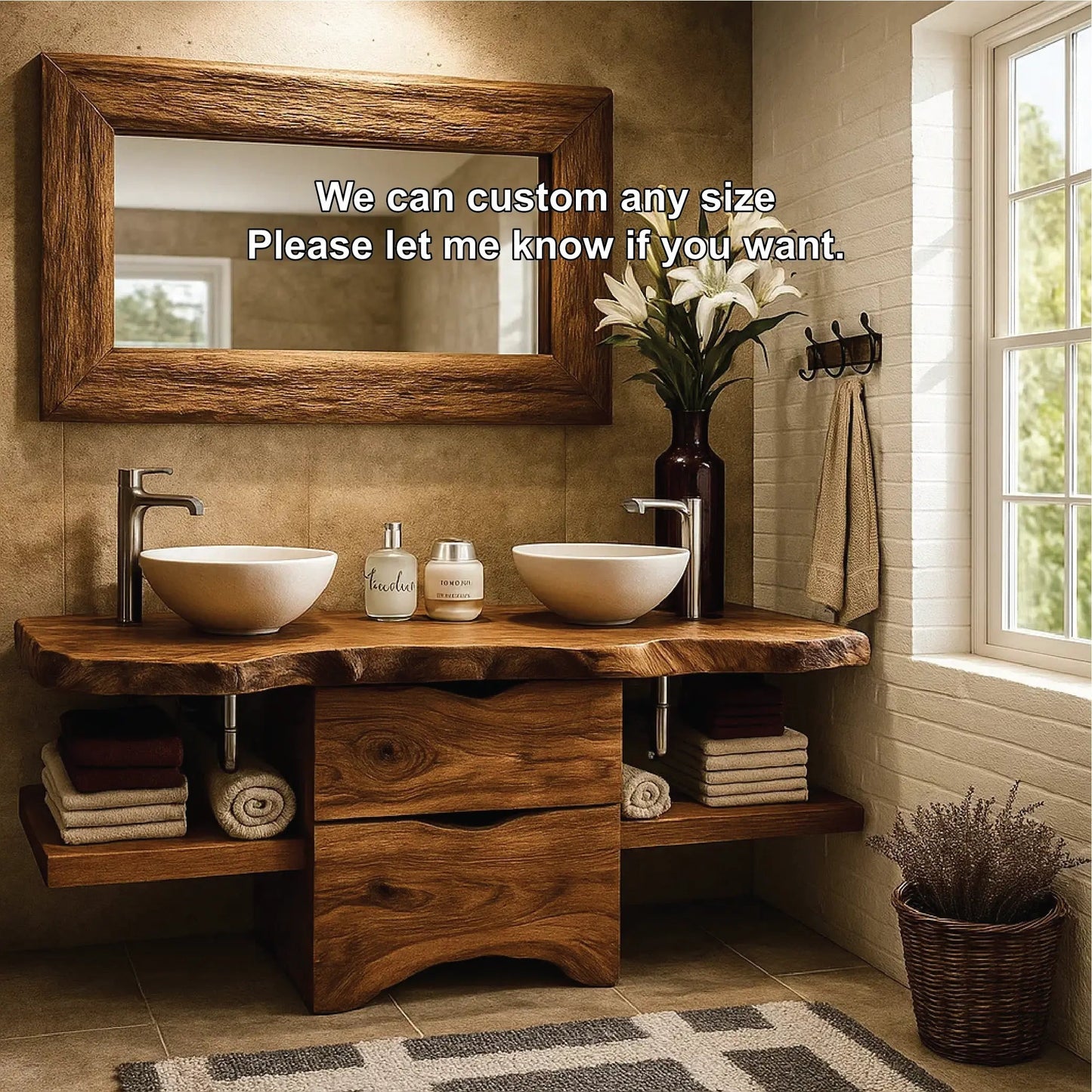 Handcrafted Double Bathroom Vanity in Solid Wood with Live Edge Top and Central Storage Drawers Kitchnce