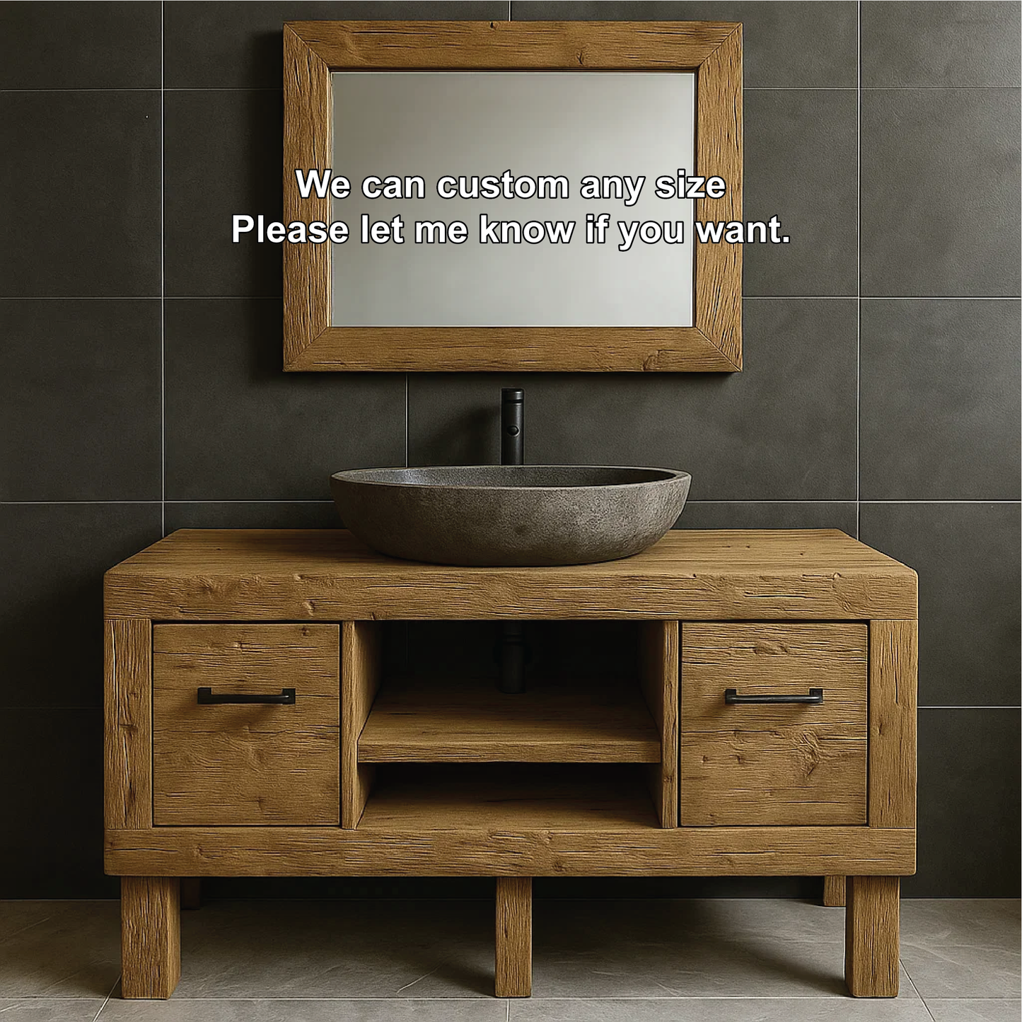 Modern Rustic Handcrafted Solid Wood Bathroom Vanity with Storage Drawers and Open Shelves Kitchnce