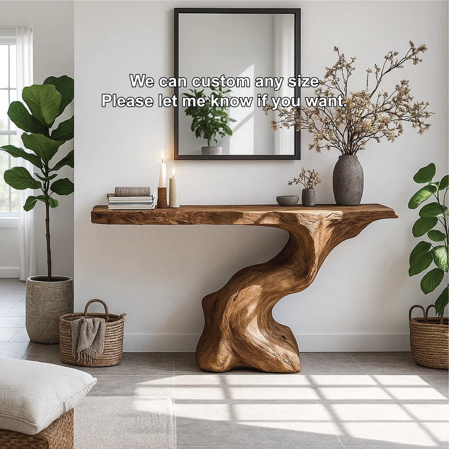 Handcrafted Solid Wood Console Table with Organic Sculpted Base and Natural Live Edge Design Kitchnce