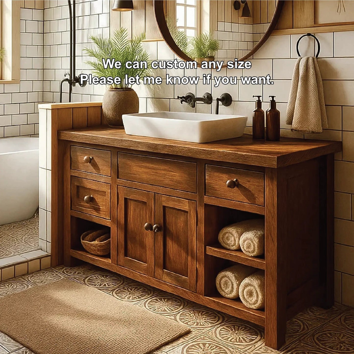 Handcrafted Solid Wood Bathroom Vanity with Drawers and Open Shelves in Warm Walnut Finish Kitchnce