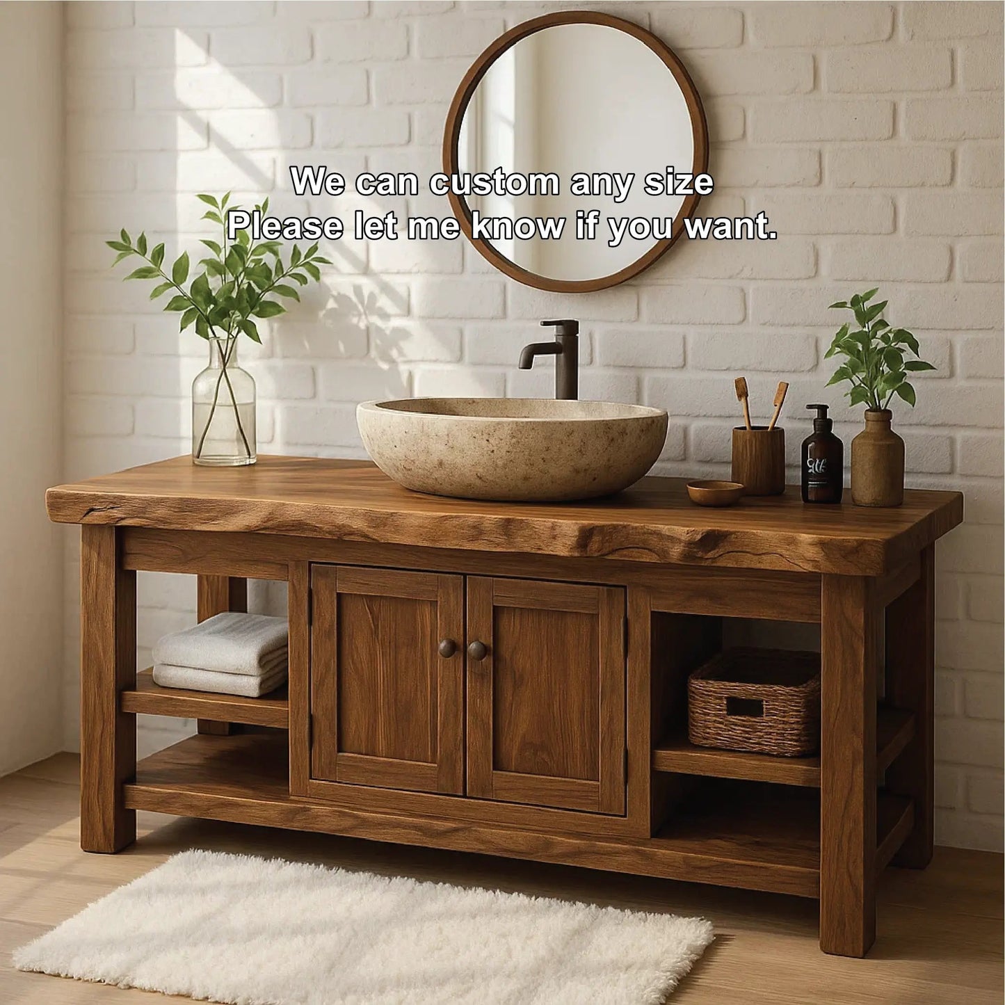 Handcrafted Solid Wood Vanity with Natural Live Edge and Double Door Storage Design Kitchnce