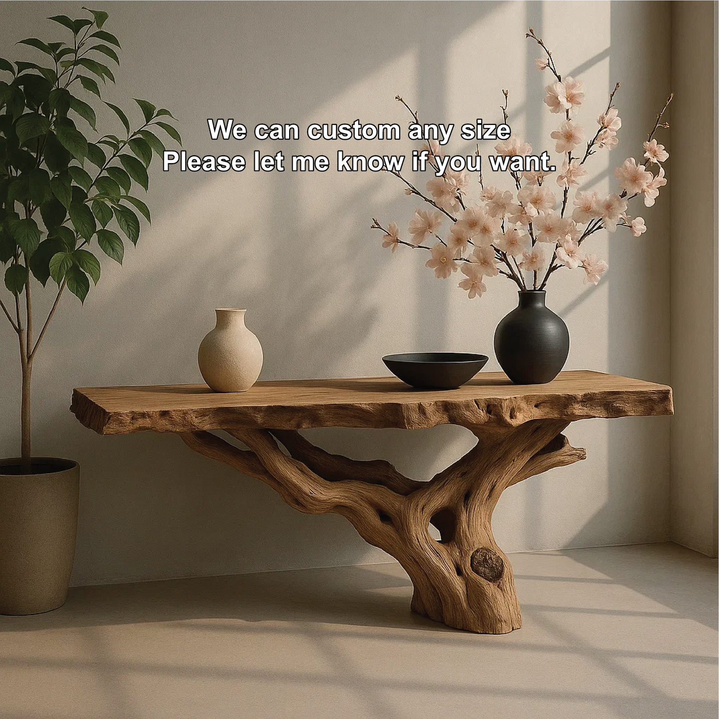 Handcrafted Solid Wood Console Table with Natural Root Base and Organic Live Edge Design Kitchnce