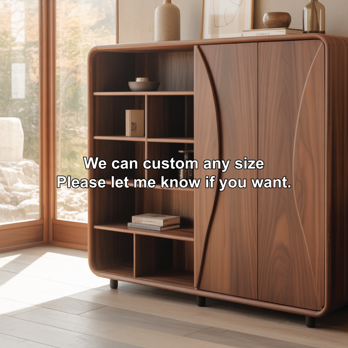 Handcrafted Solid Wood Dining Cabinet with Open Shelves and Curved Door Design for Modern Homes Kitchnce