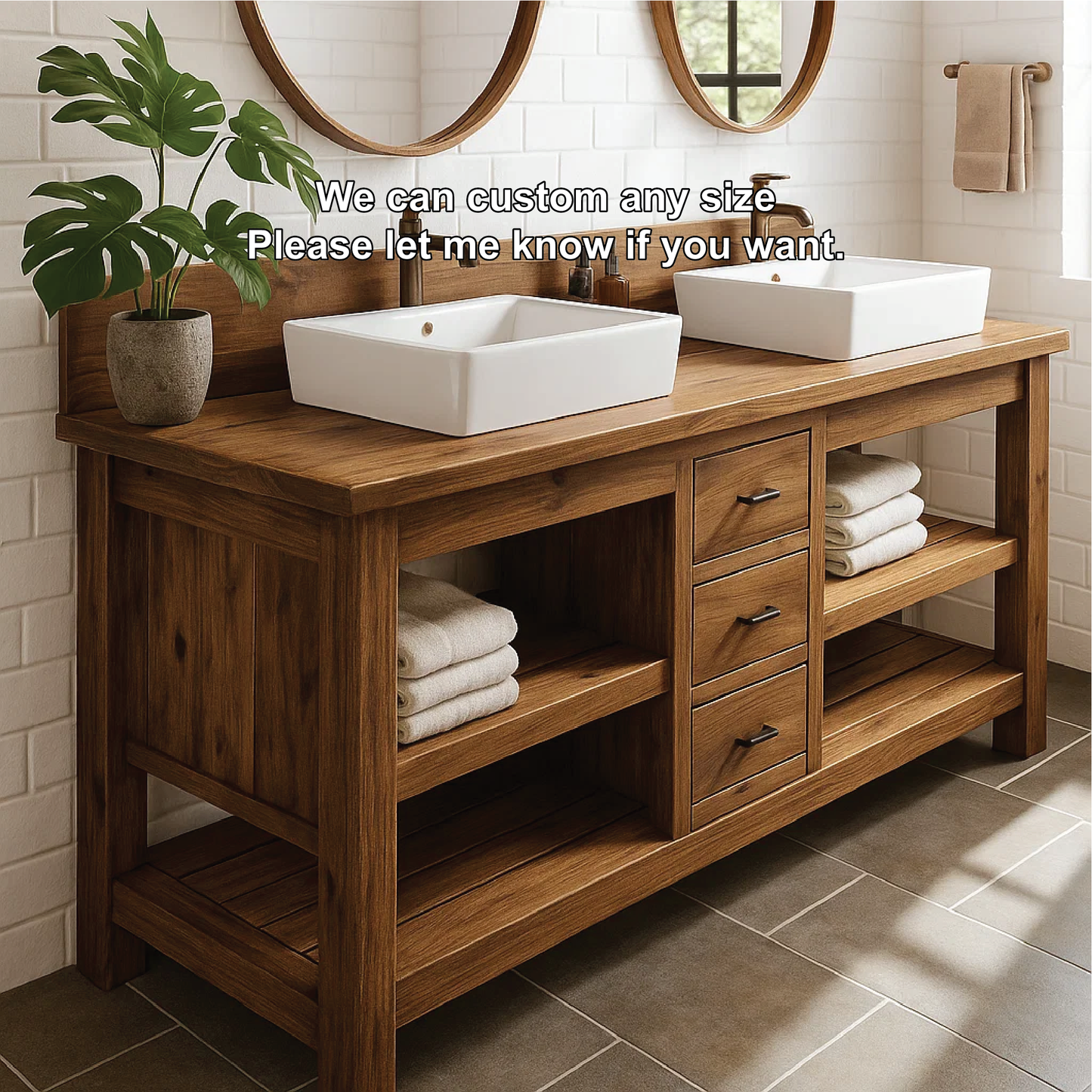 Handcrafted Double Bathroom Vanity in Solid Wood with Drawers and Open Shelves for Modern Spaces Kitchnce