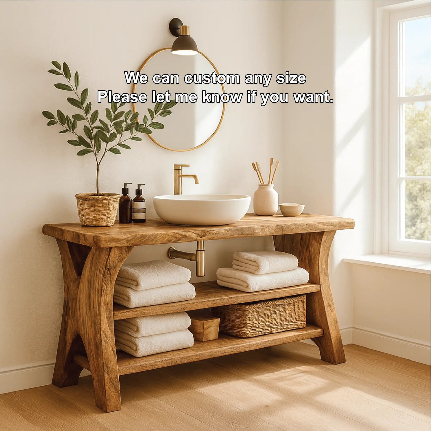 Handcrafted Solid Wood Bathroom Vanity with Natural Live Edge and Open Storage Shelf Design Kitchnce