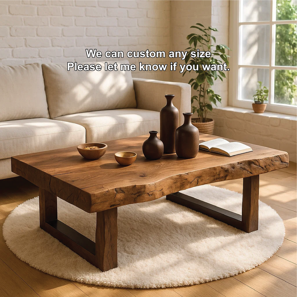 Handcrafted Solid Wood Coffee Table with Live Edge Top and Modern Minimalist Base Design Kitchnce
